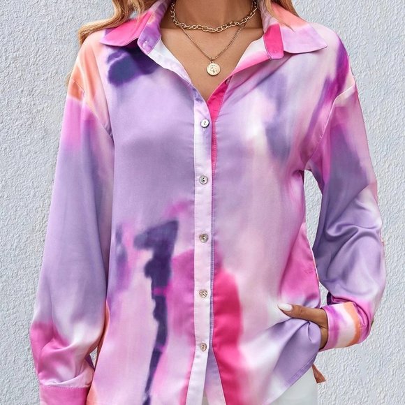 multicolor Tie Dye Drop Shoulder Button Front Shirt - Picture 2 of 5